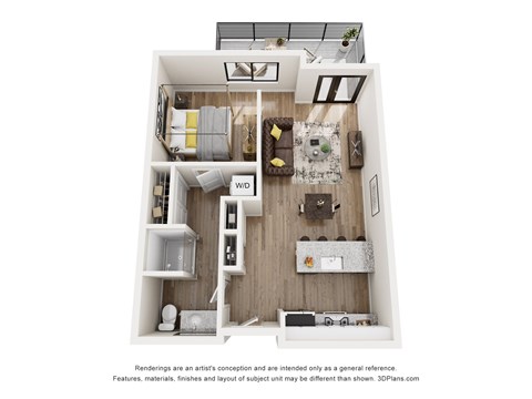 A 3D floor plan of a small apartment with a kitchen, living room, and bathroom.